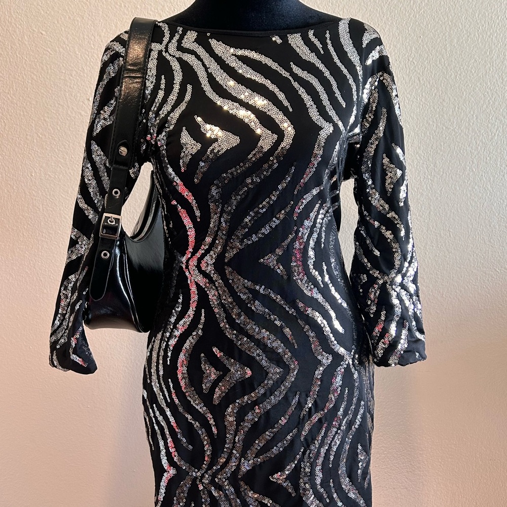 As U Wish Black and Silver Long Sleeve Dress